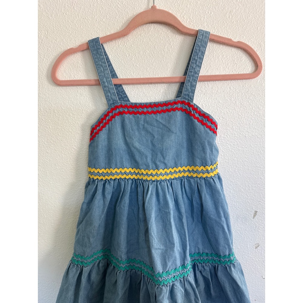 Kids Denim Rickrack Tiered Pinafore Dress Light Wash Blue Sleeveless Cotton - Picture 2 of 6
